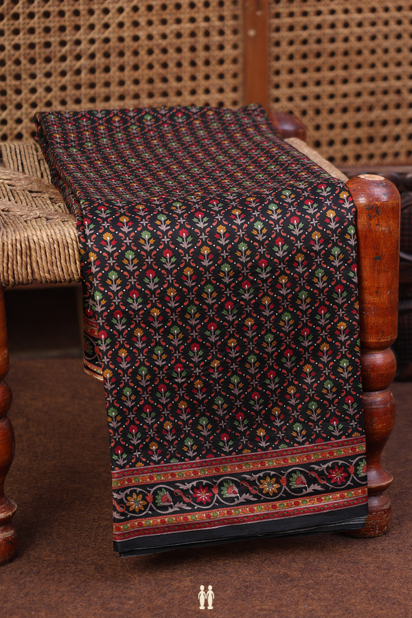 Printed Silk Saree In Black With Floral Design