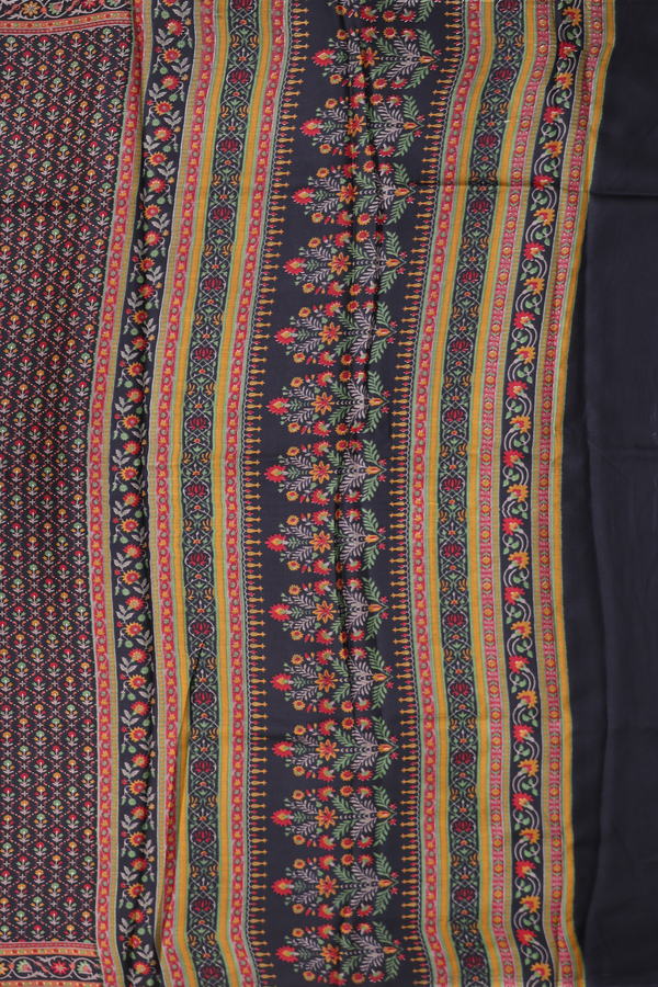 Printed Silk Saree In Black With Floral Design