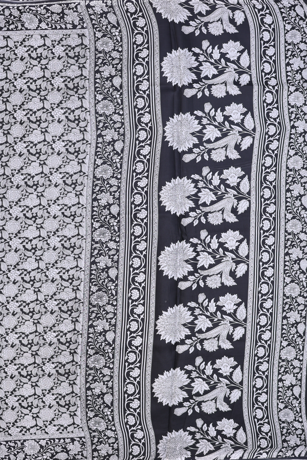 Printed Silk Saree In Black With Floral Design