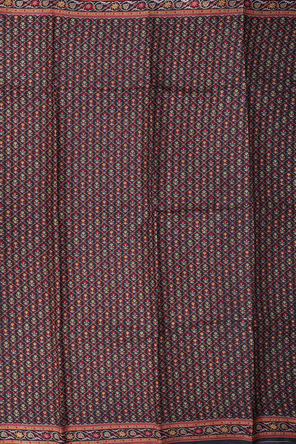 Printed Silk Saree In Black With Floral Design