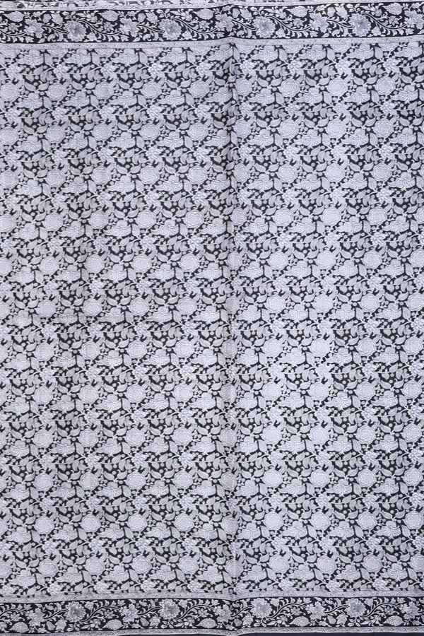 Printed Silk Saree In Black With Floral Design