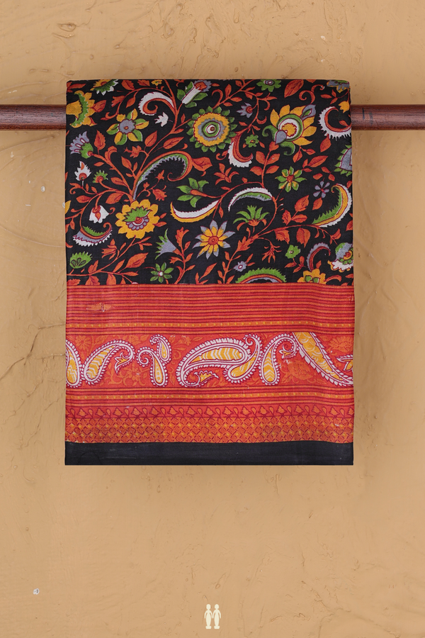 Printed Silk Saree In Black With Floral Design