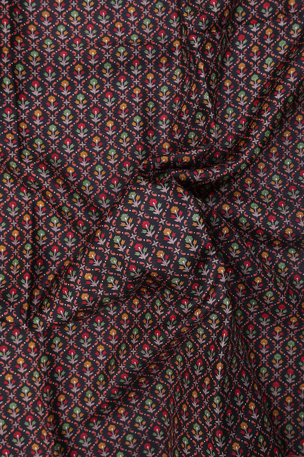 Printed Silk Saree In Black With Floral Design