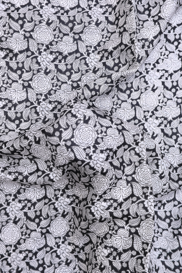 Printed Silk Saree In Black With Floral Design