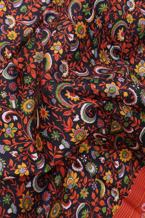 Printed Silk Saree In Black With Floral Design