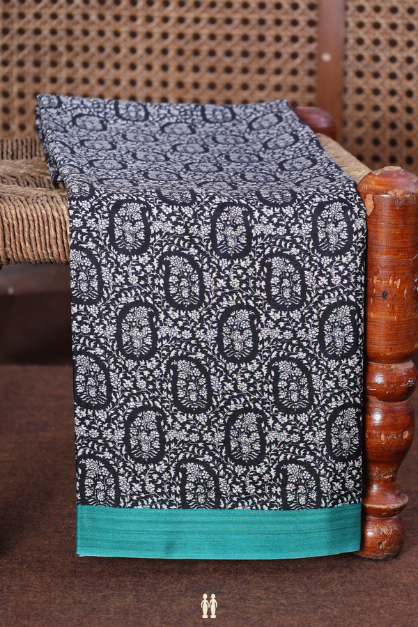 Printed Silk Saree In Black With Paisley Design