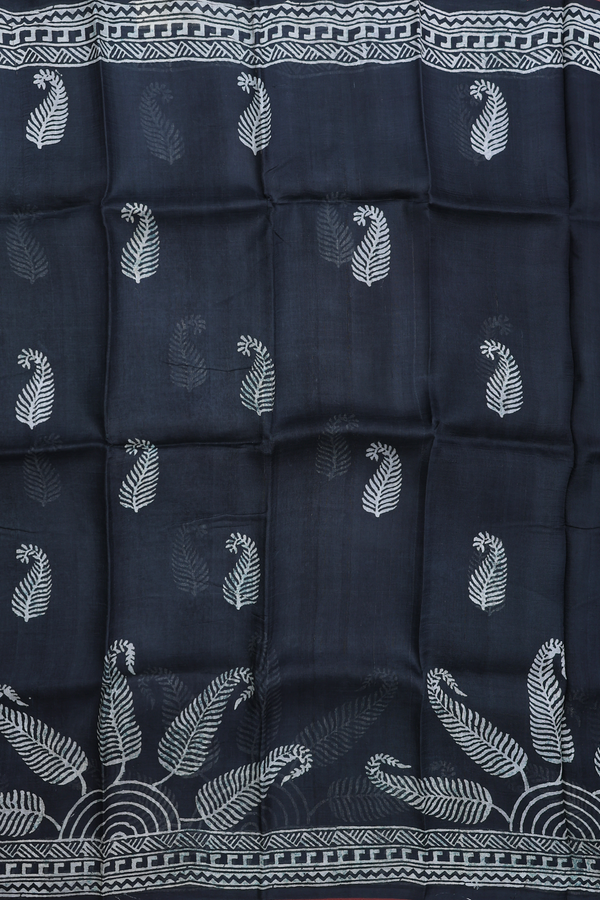 Printed Silk Saree In Black With Paisley Design