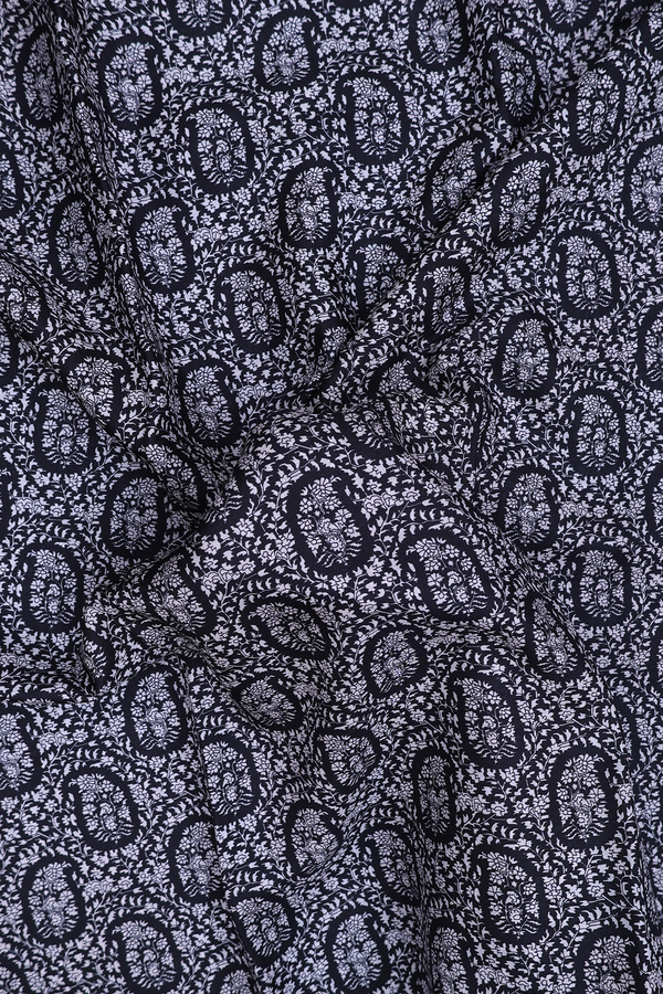 Printed Silk Saree In Black With Paisley Design