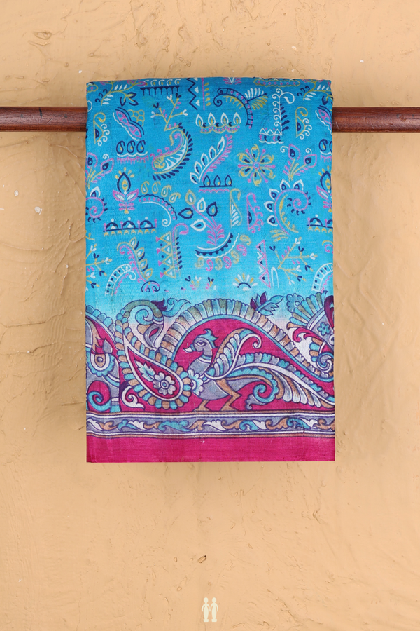 Printed Silk Saree In Blue With Allover Design