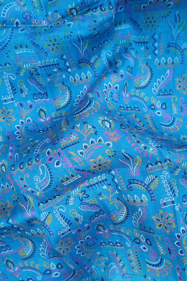 Printed Silk Saree In Blue With Allover Design