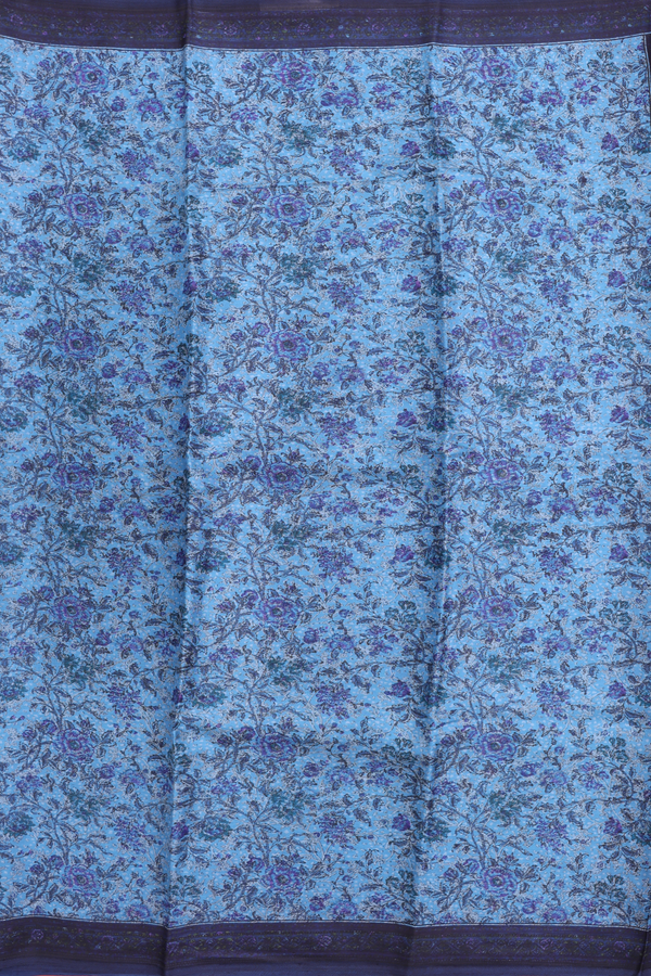 Printed Silk Saree In Blue With Floral Design