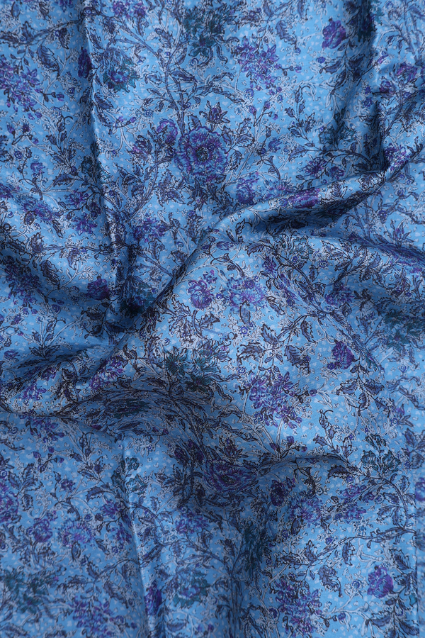 Printed Silk Saree In Blue With Floral Design