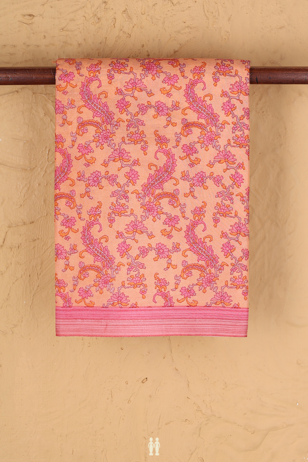 Printed Silk Saree In Blush Orange With Floral Design