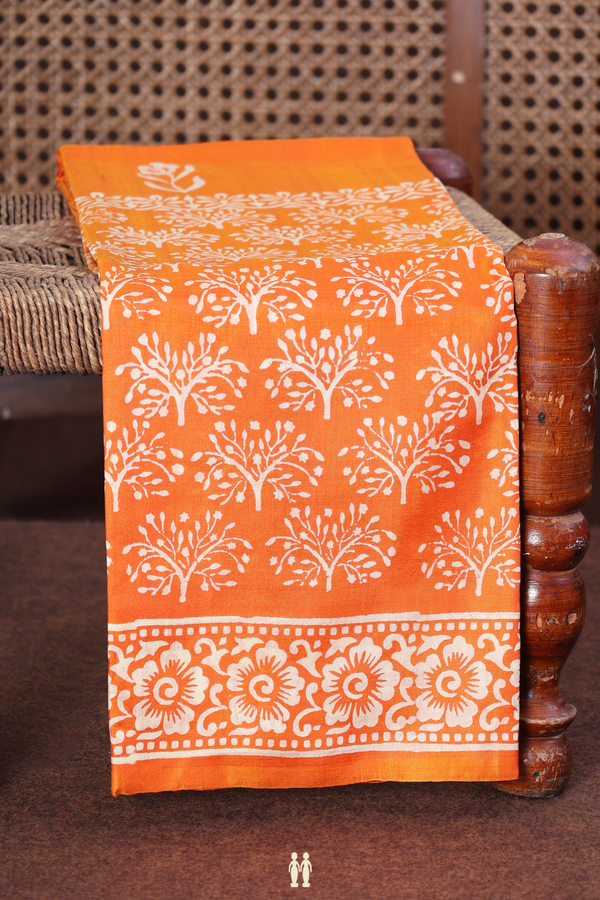 Printed Silk Saree In Bright Orange With Half And Half Design