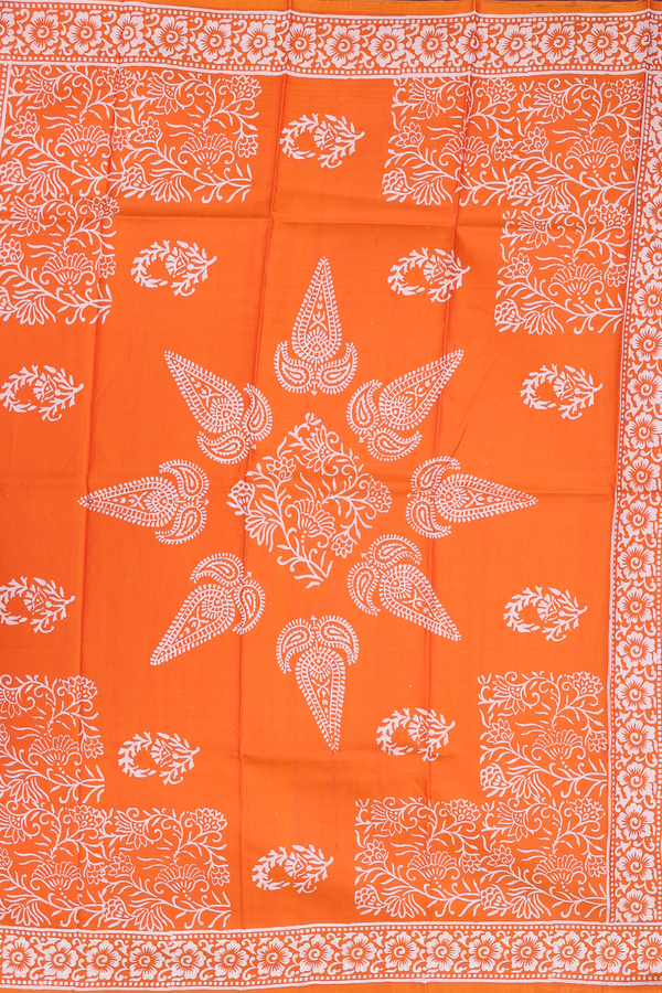 Printed Silk Saree In Bright Orange With Half And Half Design