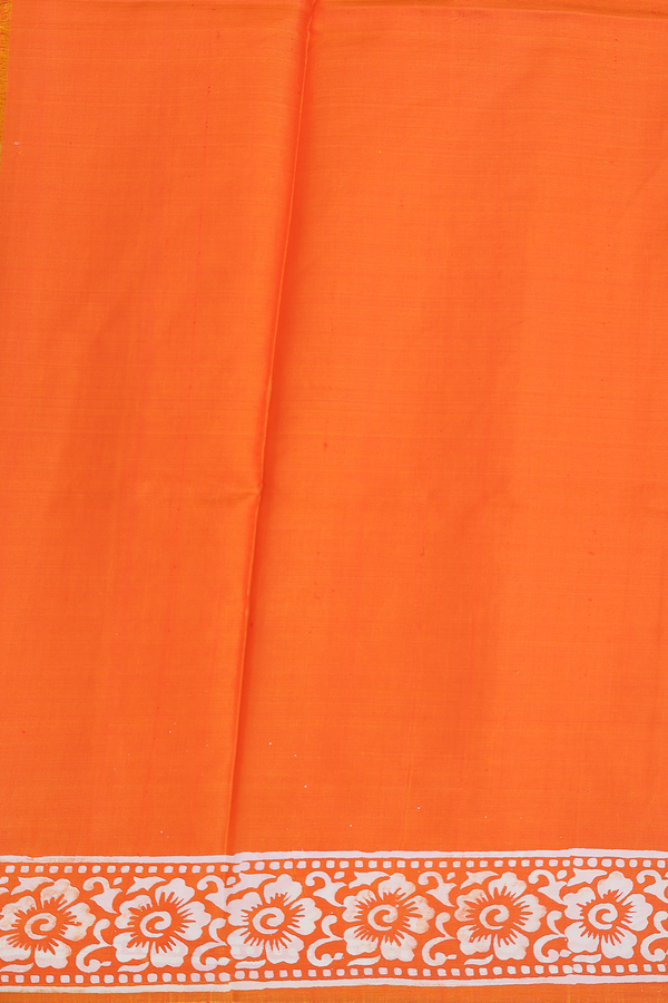 Printed Silk Saree In Bright Orange With Half And Half Design