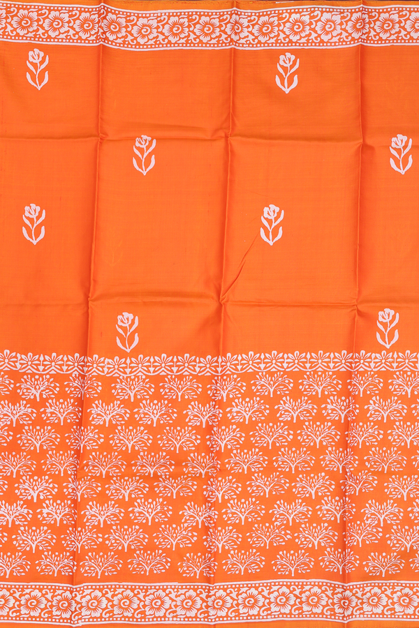 Printed Silk Saree In Bright Orange With Half And Half Design