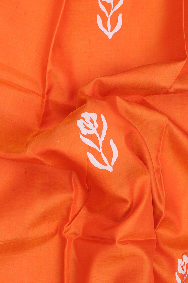 Printed Silk Saree In Bright Orange With Half And Half Design