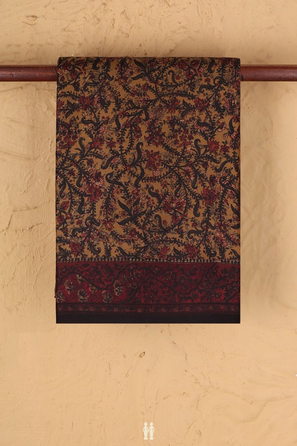 Printed Silk Saree In Brown With Floral Design