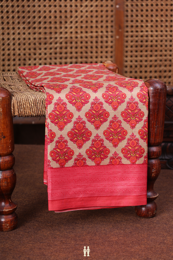 Printed Silk Saree In Brown With Floral Design