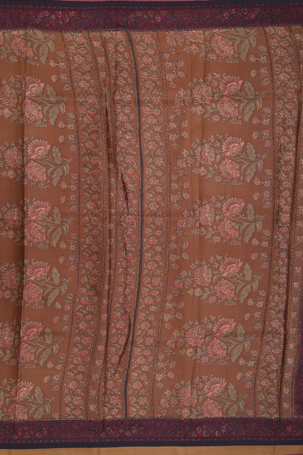Printed Silk Saree In Brown With Floral Design