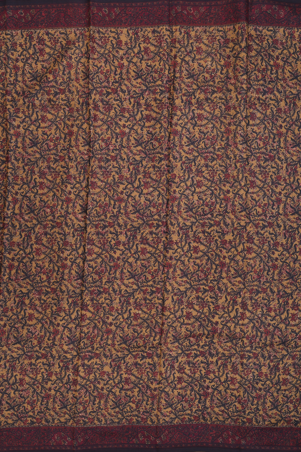 Printed Silk Saree In Brown With Floral Design