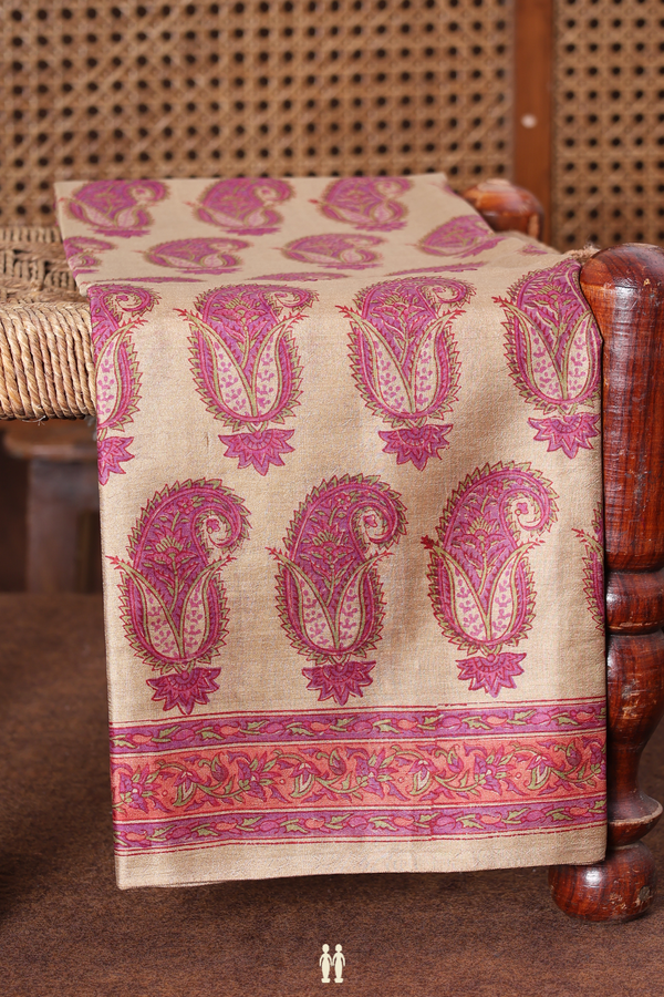 Printed Silk Saree In Brown With Paisley Design