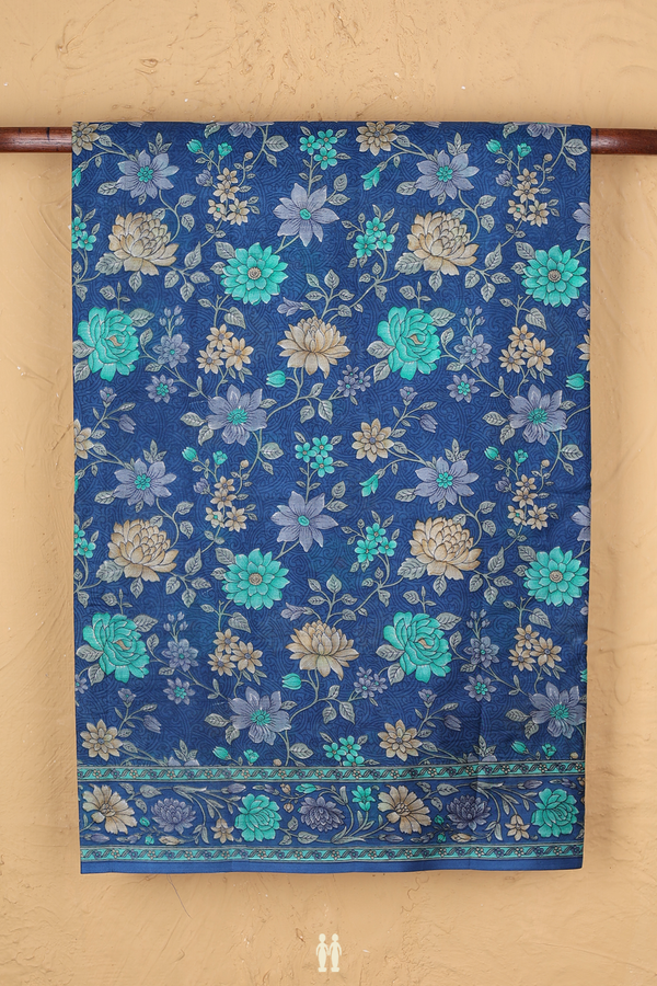 Printed Silk Saree In Capri Blue With Floral Design