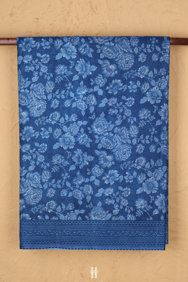 Printed Silk Saree In Capri Blue With Floral Design