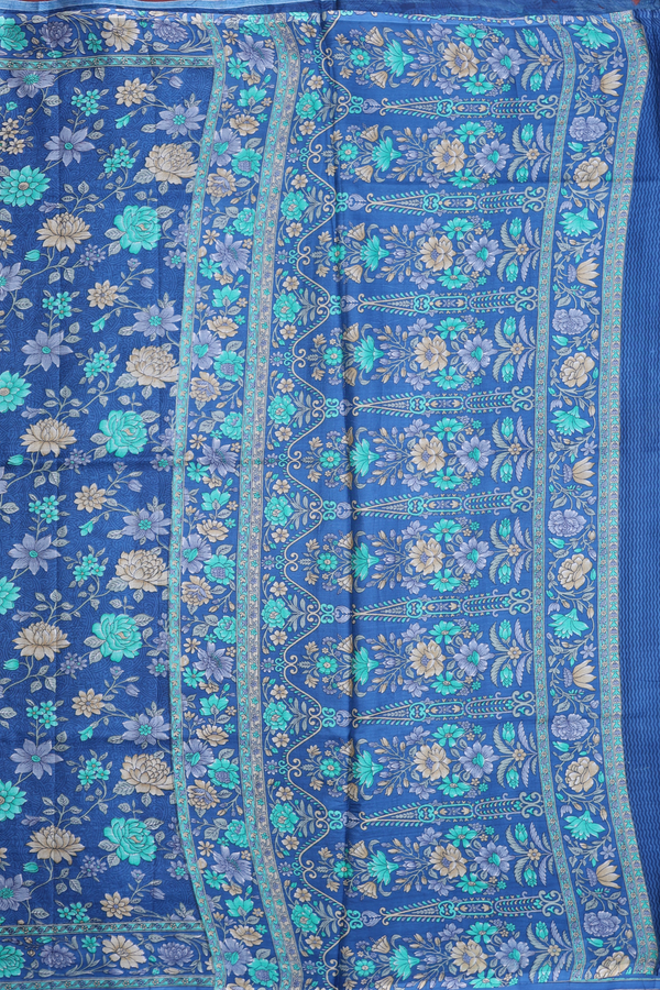 Printed Silk Saree In Capri Blue With Floral Design