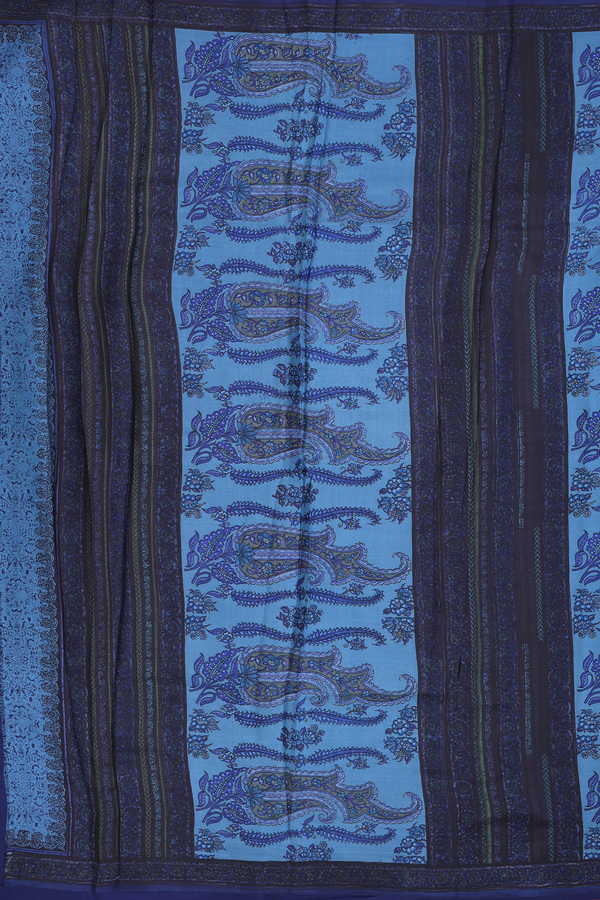 Printed Silk Saree In Capri Blue With Floral Design