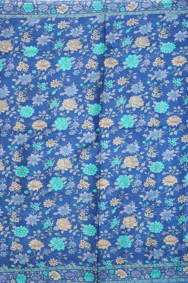 Printed Silk Saree In Capri Blue With Floral Design