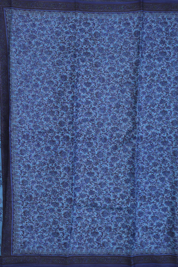 Printed Silk Saree In Capri Blue With Floral Design
