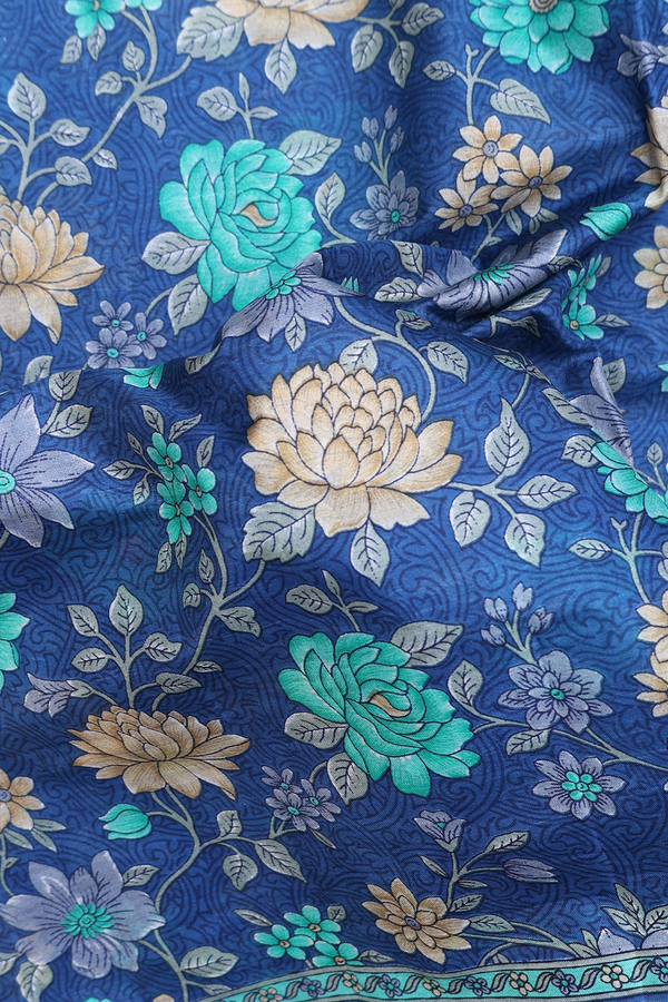 Printed Silk Saree In Capri Blue With Floral Design