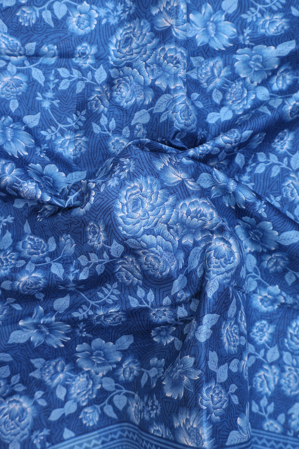 Printed Silk Saree In Capri Blue With Floral Design