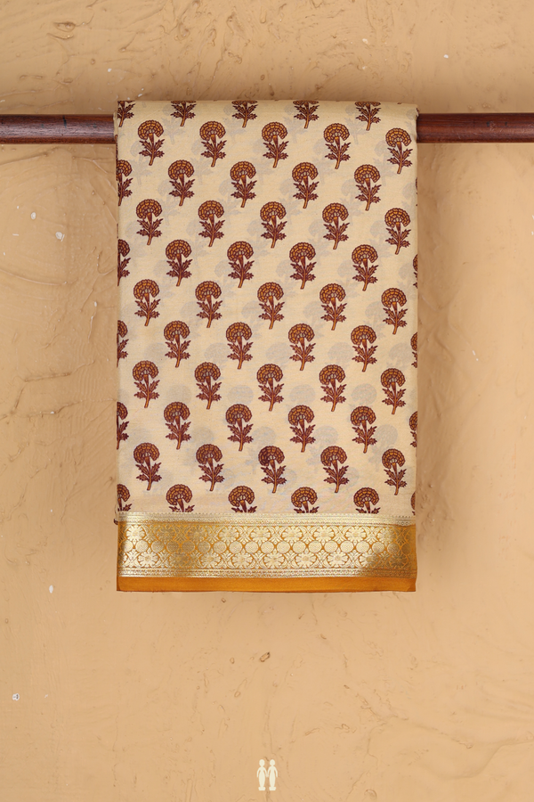 Printed Silk Saree In Caramel Yellow With Floral Design
