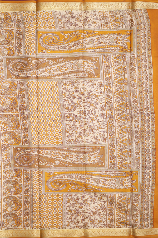 Printed Silk Saree In Caramel Yellow With Floral Design