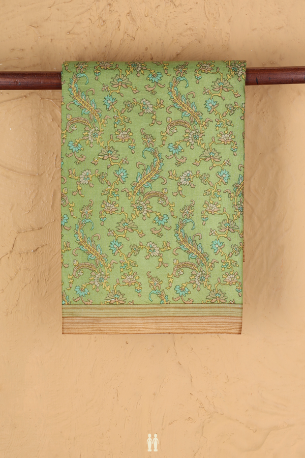 Printed Silk Saree In Cardamom Green With Floral Design