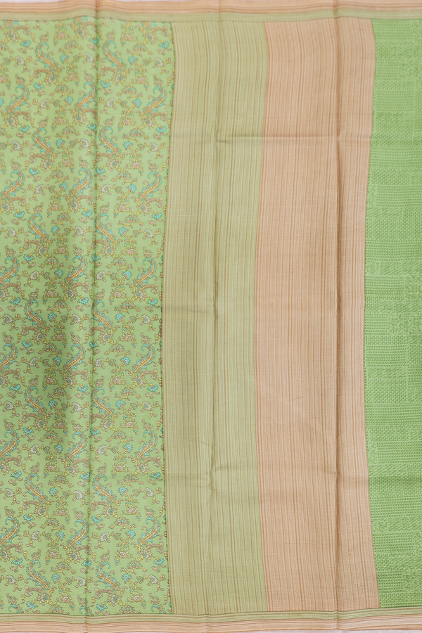 Printed Silk Saree In Cardamom Green With Floral Design