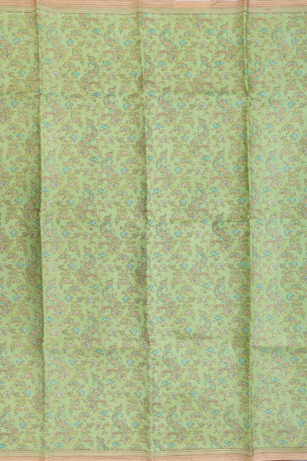 Printed Silk Saree In Cardamom Green With Floral Design