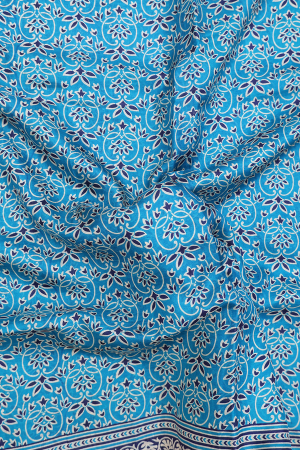 Printed Silk Saree In Cerulean Blue With Allover Design