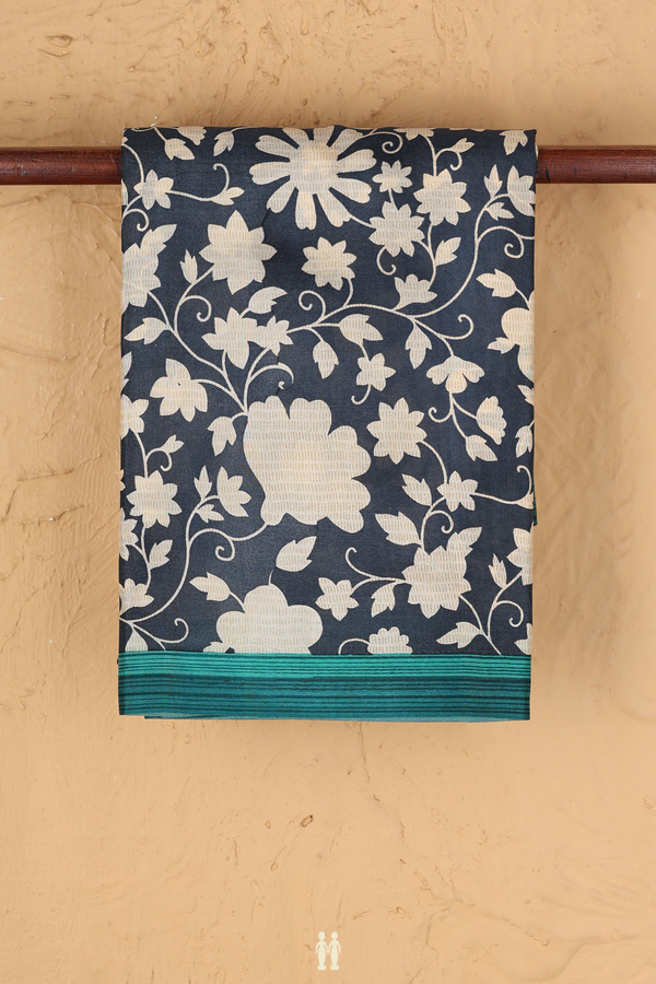 Printed Silk Saree In Charcoal Grey With Floral Design