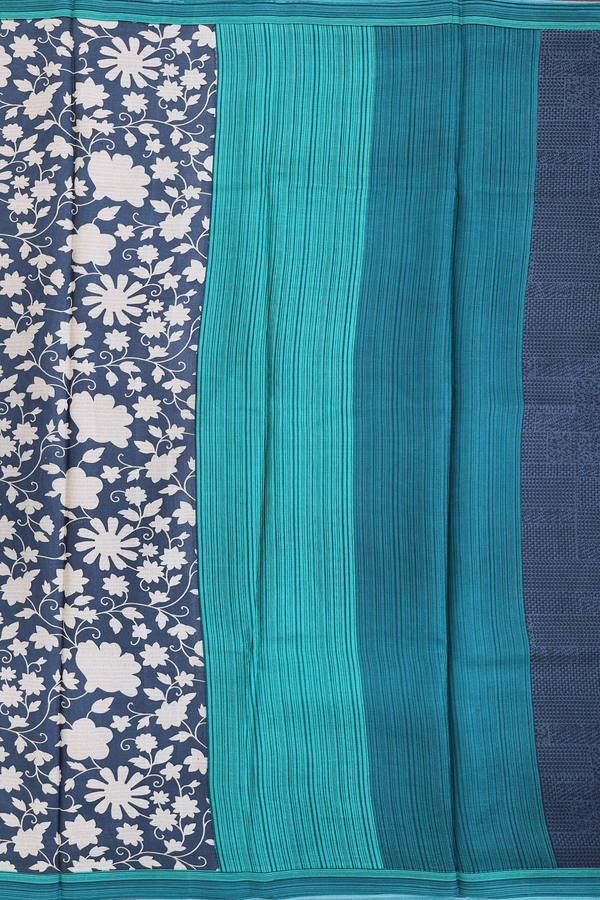 Printed Silk Saree In Charcoal Grey With Floral Design