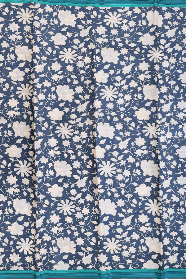 Printed Silk Saree In Charcoal Grey With Floral Design