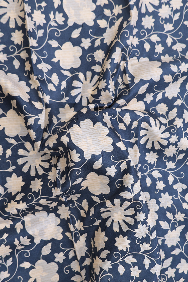 Printed Silk Saree In Charcoal Grey With Floral Design