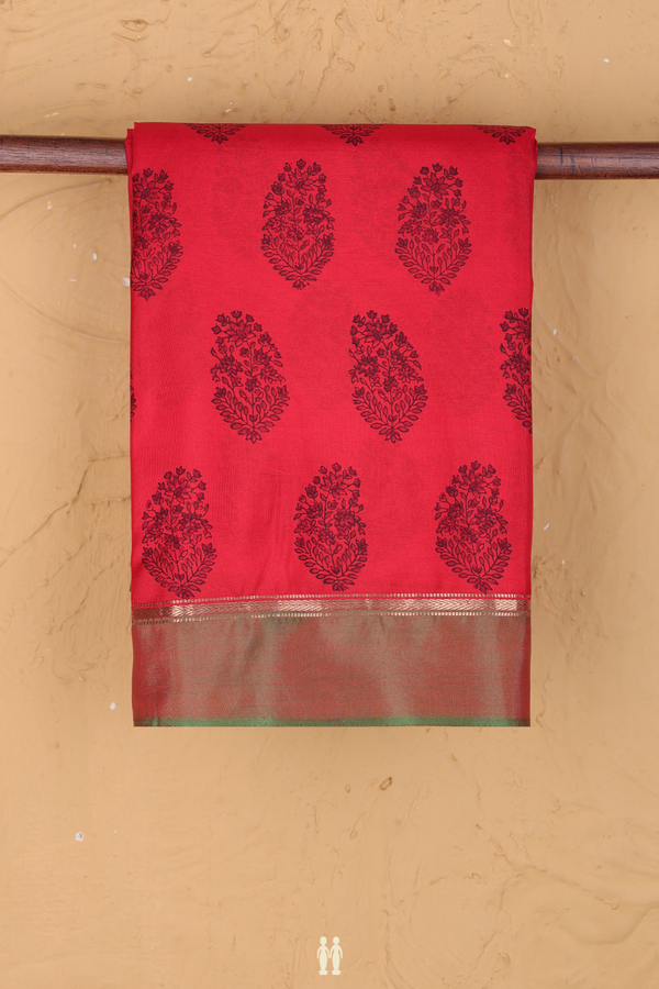 Printed Silk Saree In Chilli Red With Floral Design