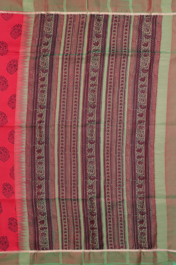 Printed Silk Saree In Chilli Red With Floral Design