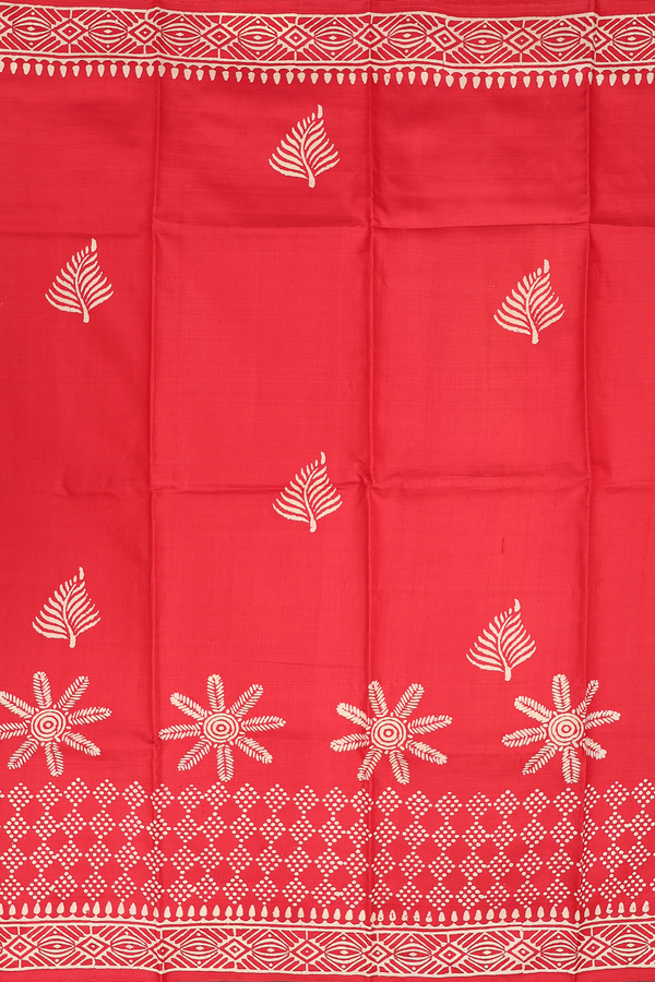 Printed Silk Saree In Chilli Red With Leaf Design