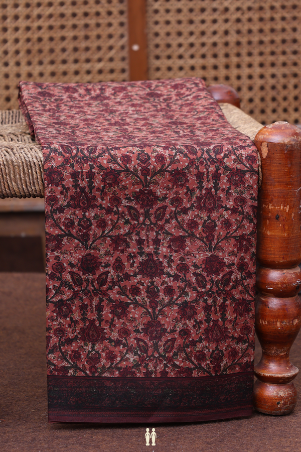 Printed Silk Saree In Cocoa Brown With Floral Design