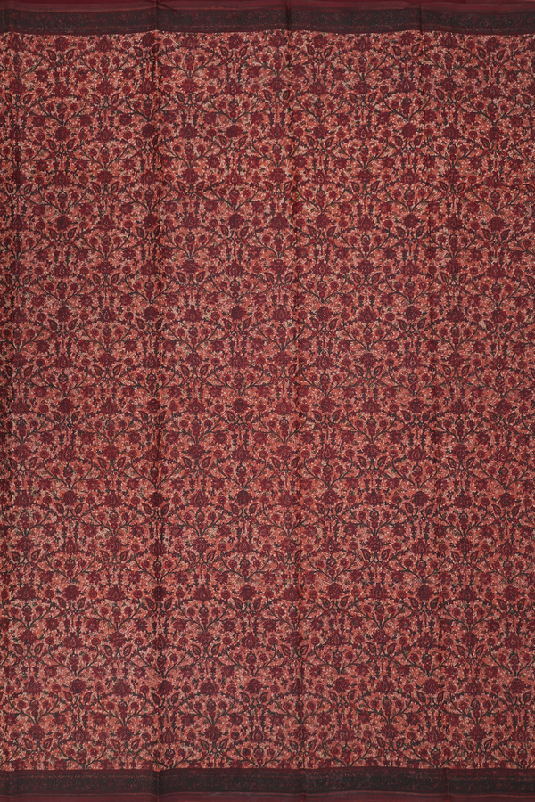 Printed Silk Saree In Cocoa Brown With Floral Design